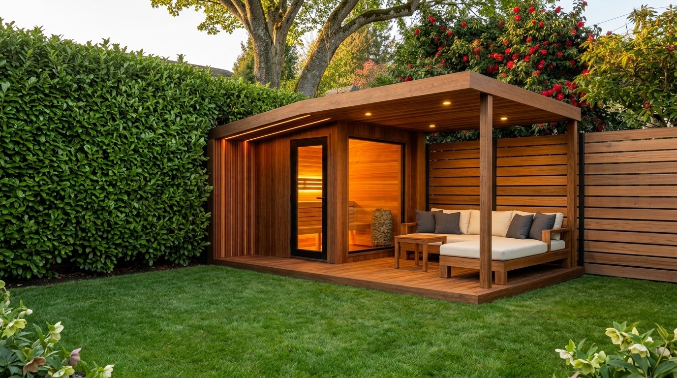 Backyard sauna vision - golden hour with lounge area